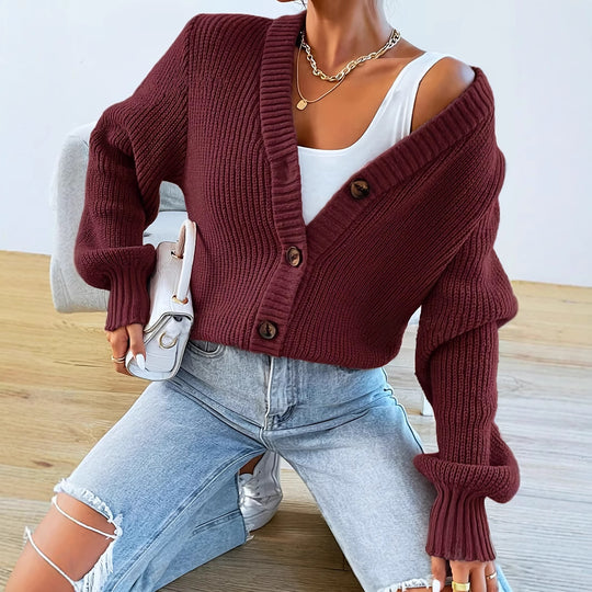 Damen bequeme Strickjacke mit schickem V-Ausschnitt EB