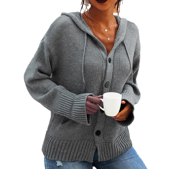 Damen kuschelige Strickjacke mit Kapuze und praktischen Taschen EB