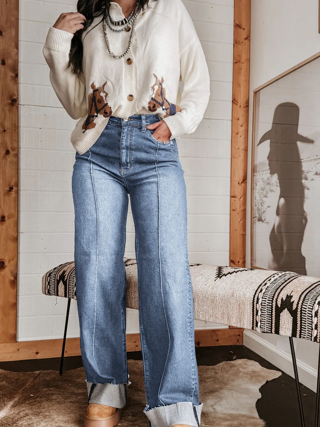 Damen weite High-Waist Jeans mit einzigartigen Kontrastnähten und lässigem Look EB