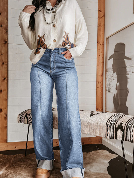 Damen weite High-Waist Jeans mit einzigartigen Kontrastnähten und lässigem Look EB