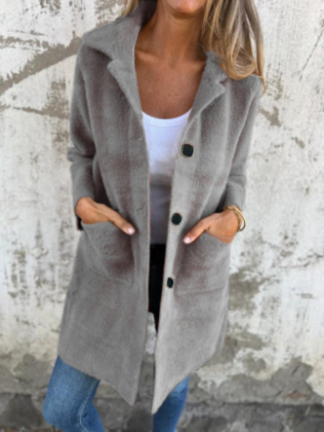 Damen Teddy-Mantel mit Oversize-Kragen, dekorativen Knöpfen und Eingrifftaschen EB