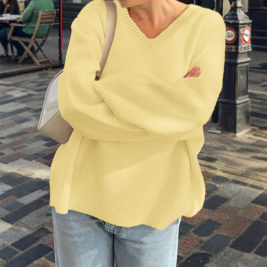 Damen nan oversized V-Ausschnitt Feinstrickpullover mit überschnittener Schulter, langen Kimonärmeln und breitem Rippbund EB