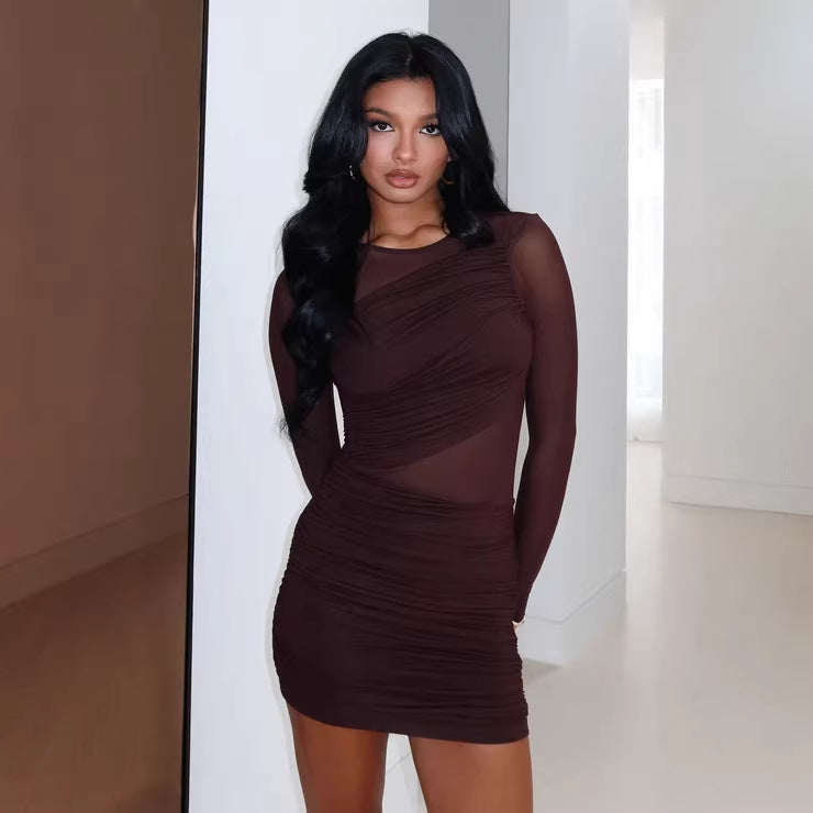 Damen Modernes Minikleid mit transparenten Ärmeln und figurformenden Rüschen EB