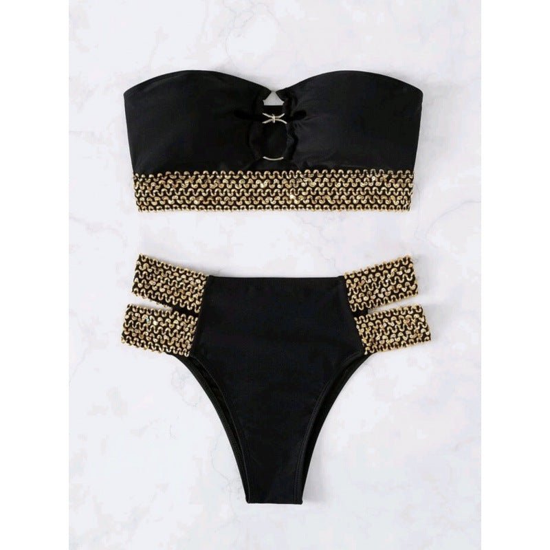 Damen Bandeau-Bikini mit goldenen Akzenten und hohem Taillenschnitt EB
