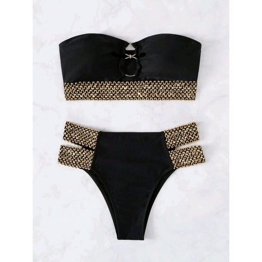 Damen Bandeau-Bikini mit goldenen Akzenten und hohem Taillenschnitt EB