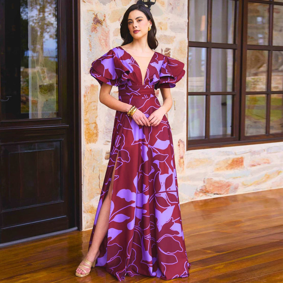 Damen Maxi-Kleid mit voluminösen Puffärmeln und elegantem Schlitz EB