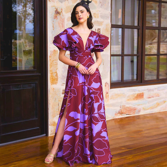 Damen Maxi-Kleid mit voluminösen Puffärmeln und elegantem Schlitz EB