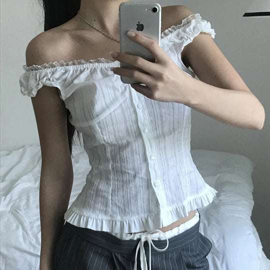 Damen Off-Shoulder Bluse mit Rüschensaum EB