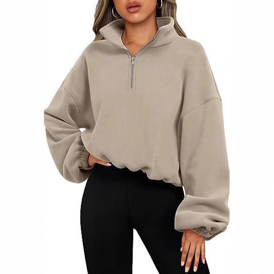 Damen nan kurz geschnittenes Halbzip-Sweatshirt mit hohem Stehkragen, Ballonärmeln und elastischem Saum EB