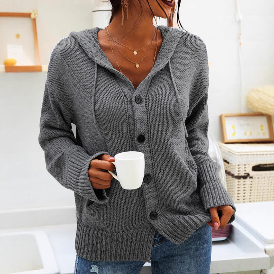 Damen Grober Strickcardigan mit Kapuze und praktischen Taschen EB