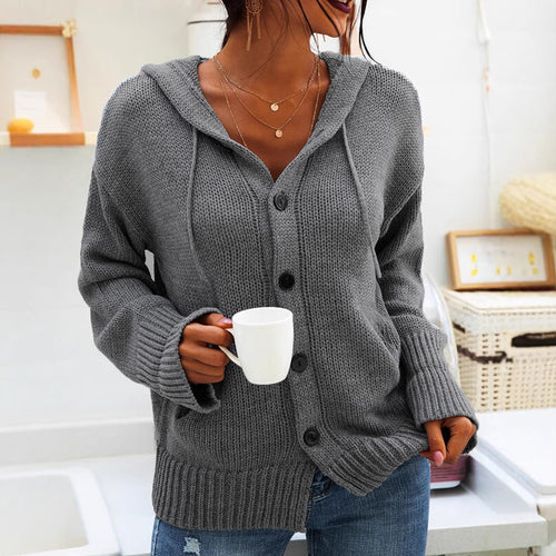Damen Grober Strickcardigan mit Kapuze und praktischen Taschen EB
