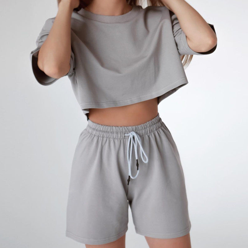 Damen Zweiteiliges Cropped-Lounge-Set aus Baumwolljersey mit elastischer Kordelzug-Shorts EB
