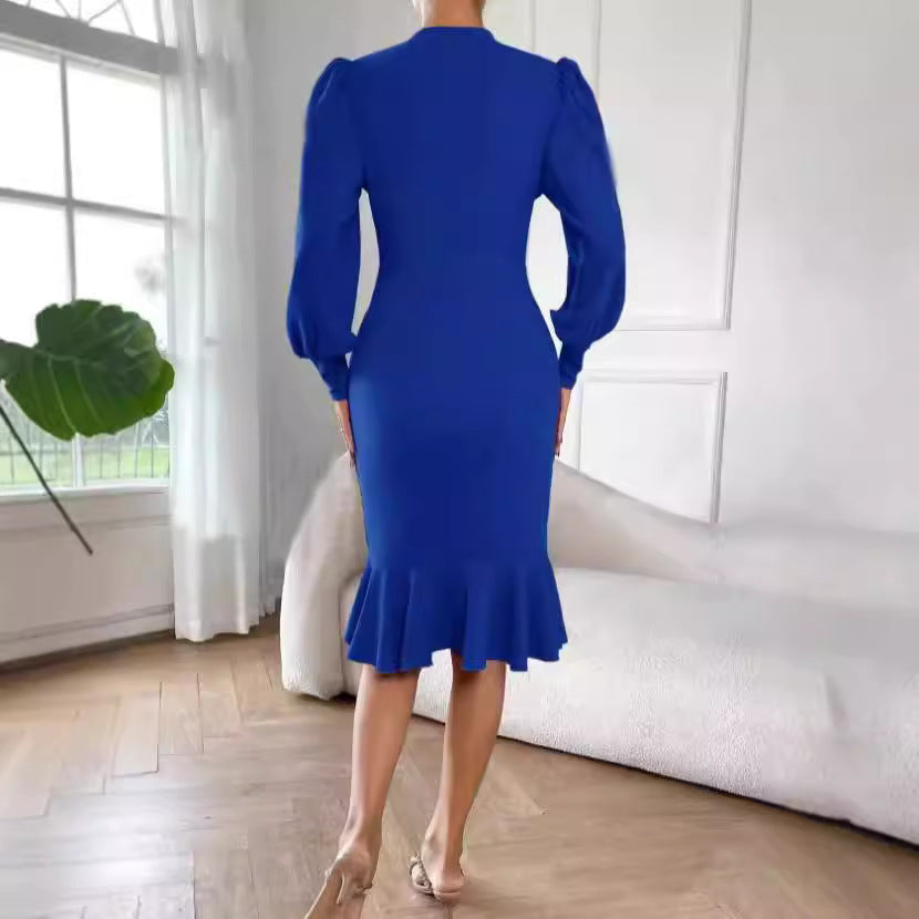 Damen nan tailliertes Pencil-Midikleid mit Stehkragen, ballonärmeln und Glockenvolant EB