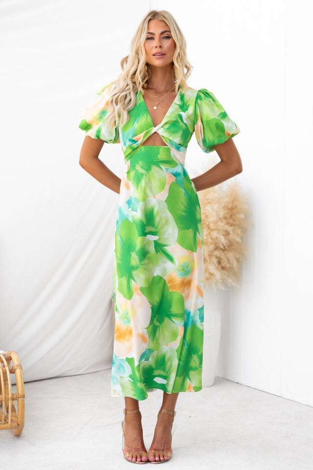 Damen Maxikleid mit floralen Akzenten und effektvollem Cut-Out EB