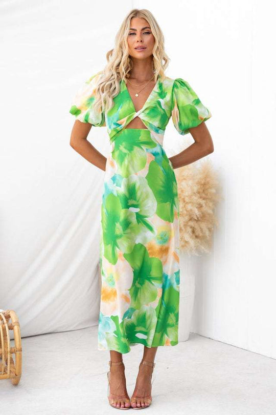 Damen Maxikleid mit floralen Akzenten und effektvollem Cut-Out EB