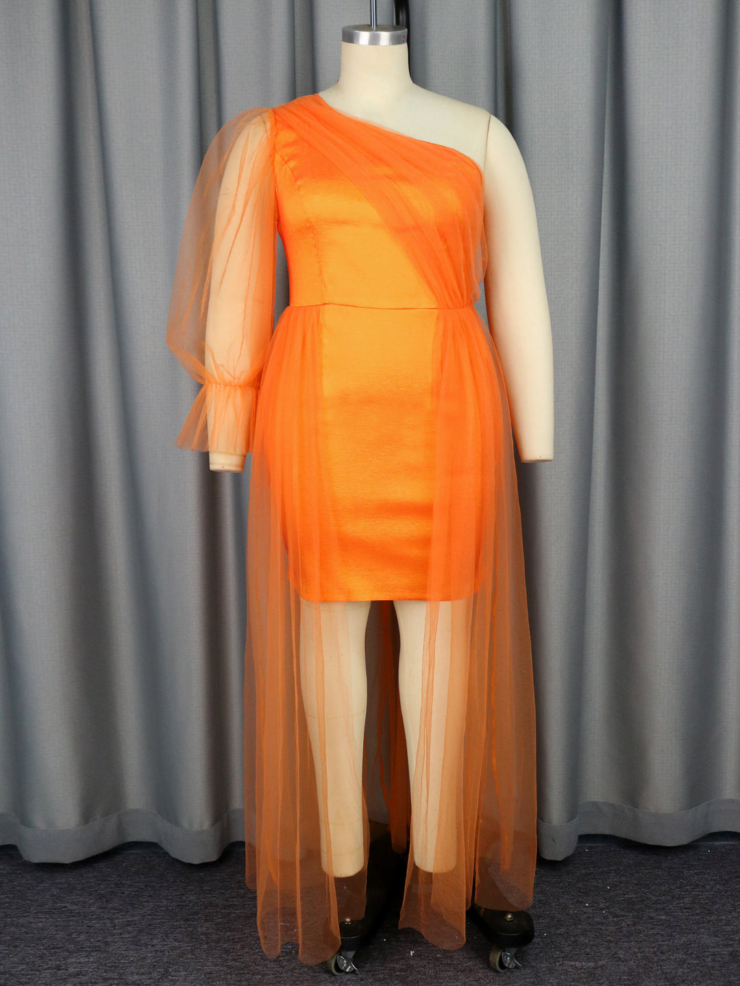 Damen elegantes One-Shoulder Kleid mit transparentem Tüllüberwurf EB