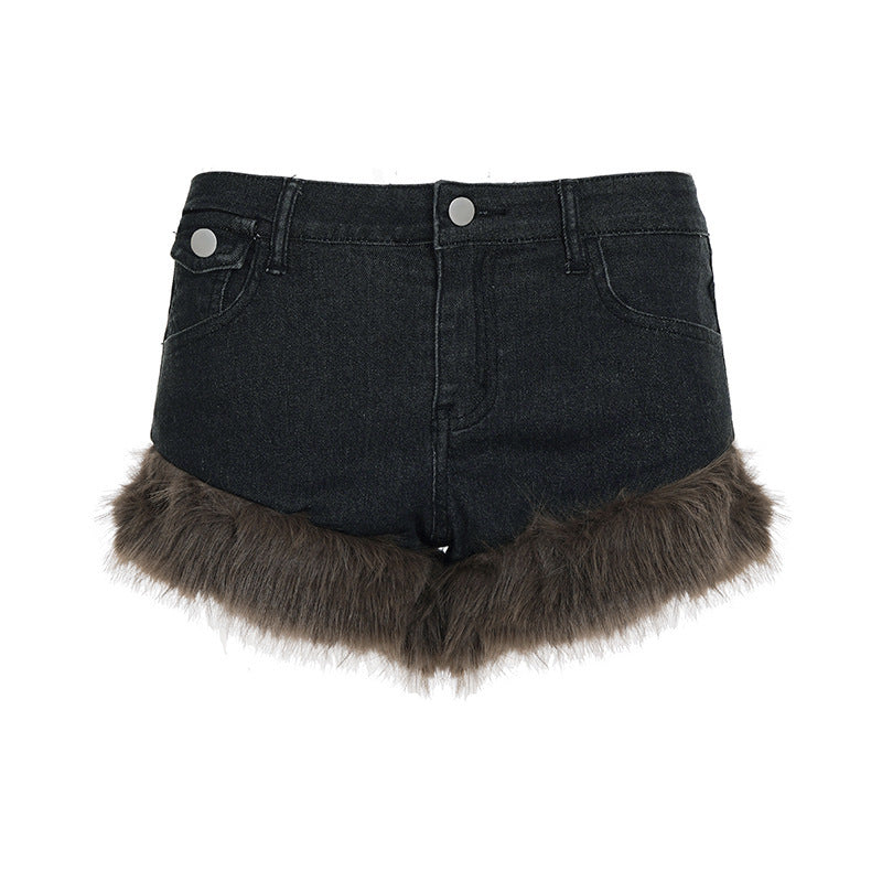 Damen Jeansshorts mit luxuriösem Kunstpelzsaum EB