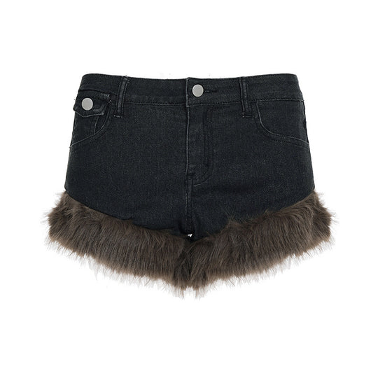Damen Jeansshorts mit luxuriösem Kunstpelzsaum EB