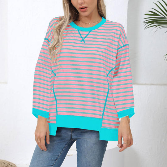 Damen nan oversized gestreifter Sweatshirtpullover mit kontrastsaum, überschnittener Schulter und seitlichen Schlitzen EB