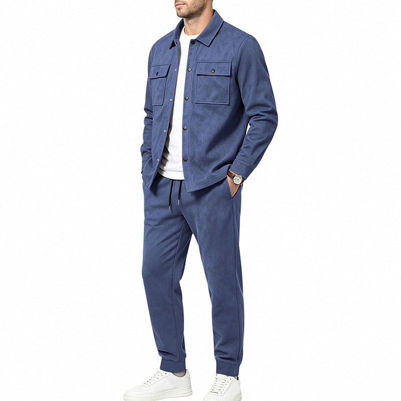 Herren nan Velours-Lounge-Set mit Overshirt, aufgesetzten Brusttaschen und tapered Jogginghose EB