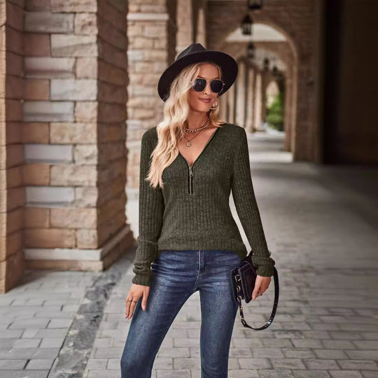 Damen Modischer Pullover mit teilbarem Reißverschluss und Rippstrick-Muster EB