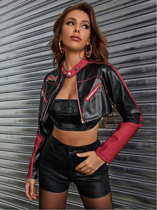 Damen modische cropped Kunstlederjacke EB