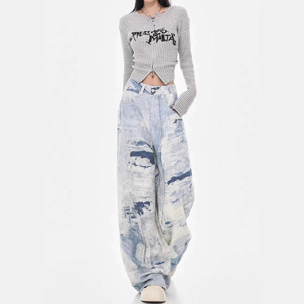 Damen Weite Jeanshose im kreativen Kunstdesign EB