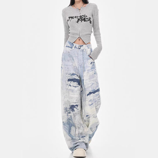 Damen Weite Jeanshose im kreativen Kunstdesign EB