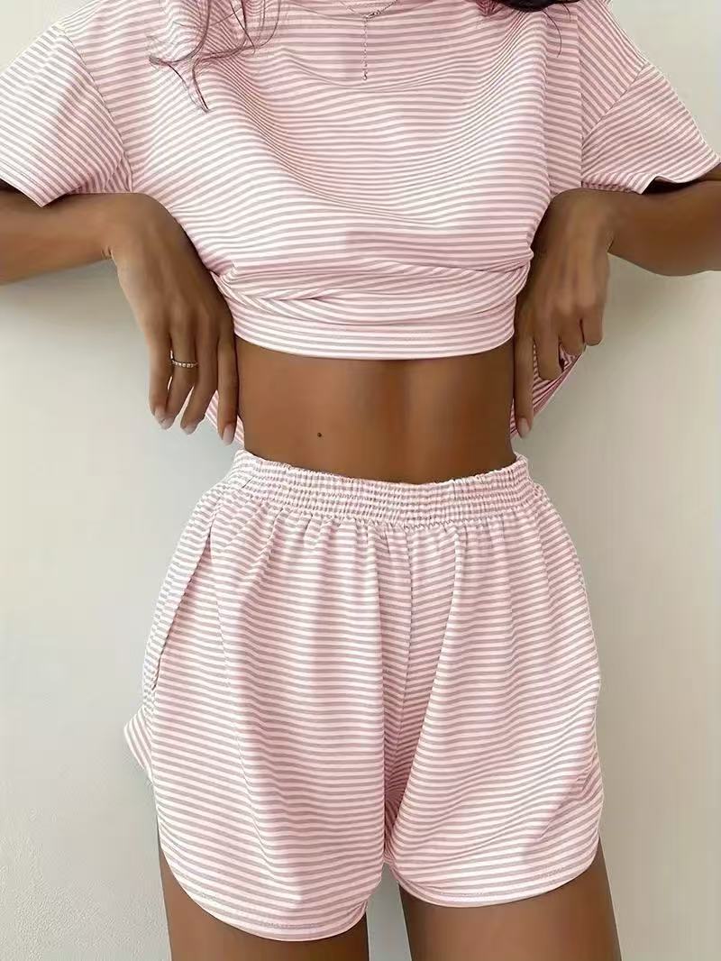 Damen lässiges Crop-Top und Short-Set mit gestreiftem Muster EB