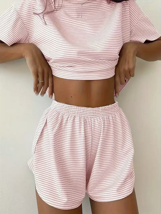 Damen lässiges Crop-Top und Short-Set mit gestreiftem Muster EB