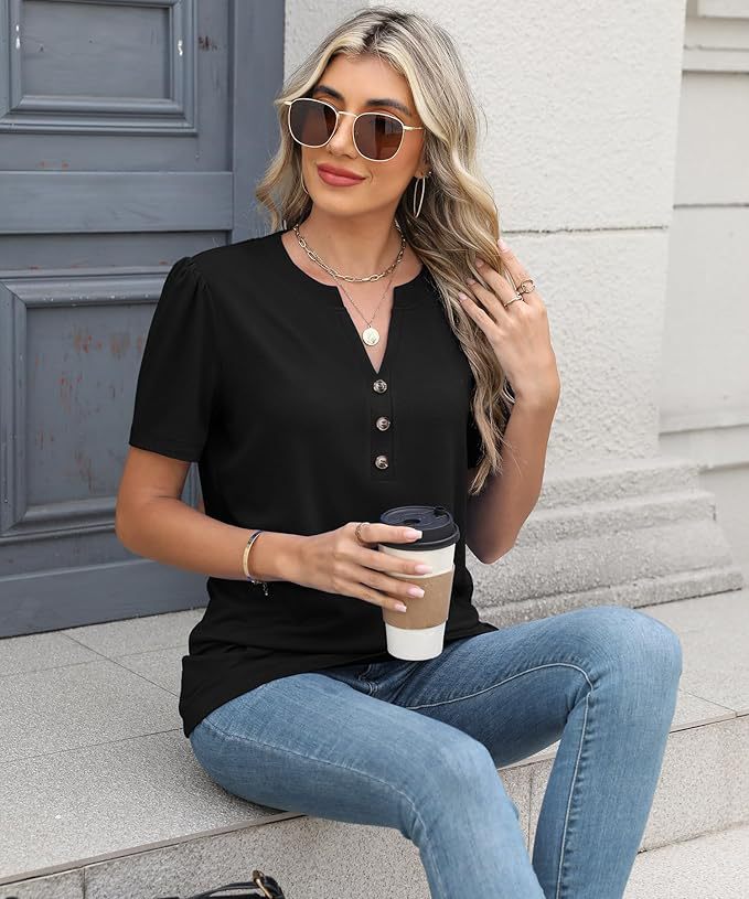 Damen modisches T-Shirt mit Knopfdetail und kurzen Ärmeln EB
