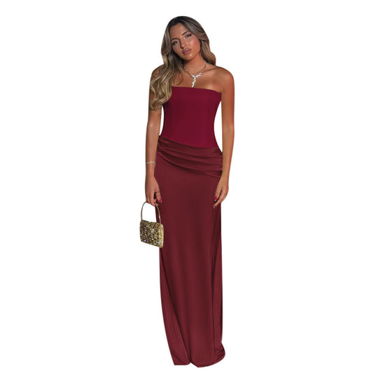 Damen schulterfreies Maxikleid mit Raffungen und eleganter Silhouette EB