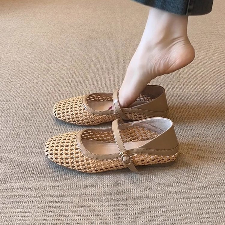 Damen atmungsaktive Kunstleder-Ballerinas mit geflochtenem Design EB