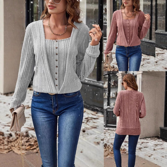 Damen Strickpullover mit tiefem V-Ausschnitt und Knopfdetails EB