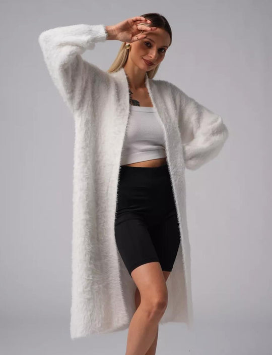 Damen Flauschiger Langstrickmantel mit seitlichem Schlitz und lockerer Passform EB