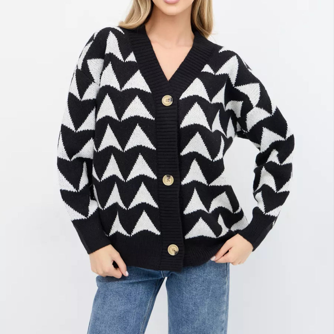 Damen Strickjacke mit geometrischem Muster und knöpfbarem Design EB