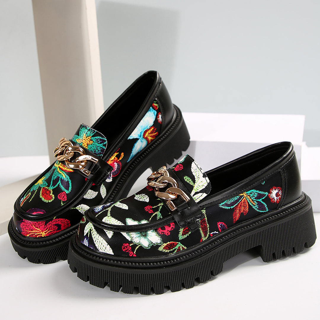 Damen Mokassins mit floralem Design und glänzender Kettenapplikation EB
