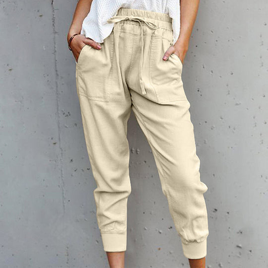 Damen nan lässige tapered Leinenhose mit elastischem Bund und Bündchen EB