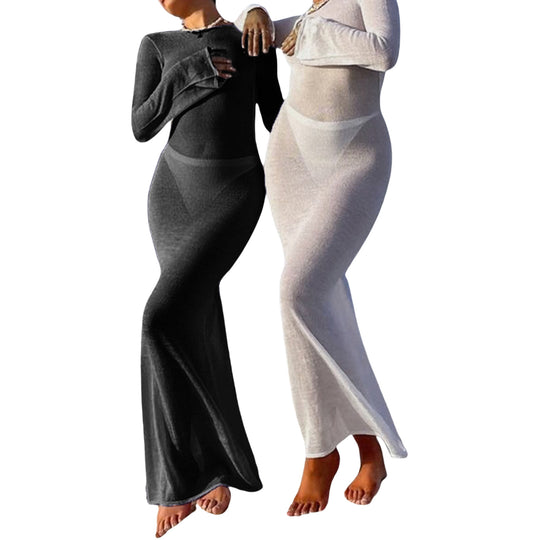 Damen Strick-Maxikleid mit langen Ärmeln und figurbetonendem Schnitt EB