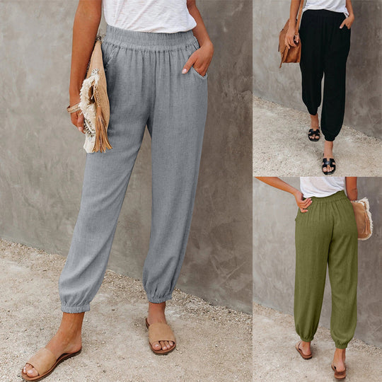 Damen lässige Leinen-Hose mit elastischem Bund und Gummizug EB