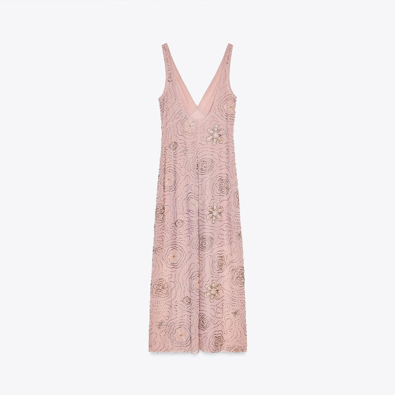 Damen Elegantes Glitzer-Maxikleid mit V-Ausschnitt und floralen Applikationen EB