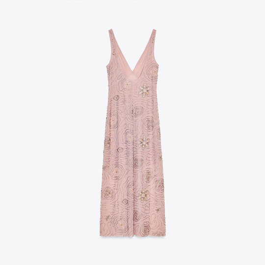 Damen Elegantes Glitzer-Maxikleid mit V-Ausschnitt und floralen Applikationen EB