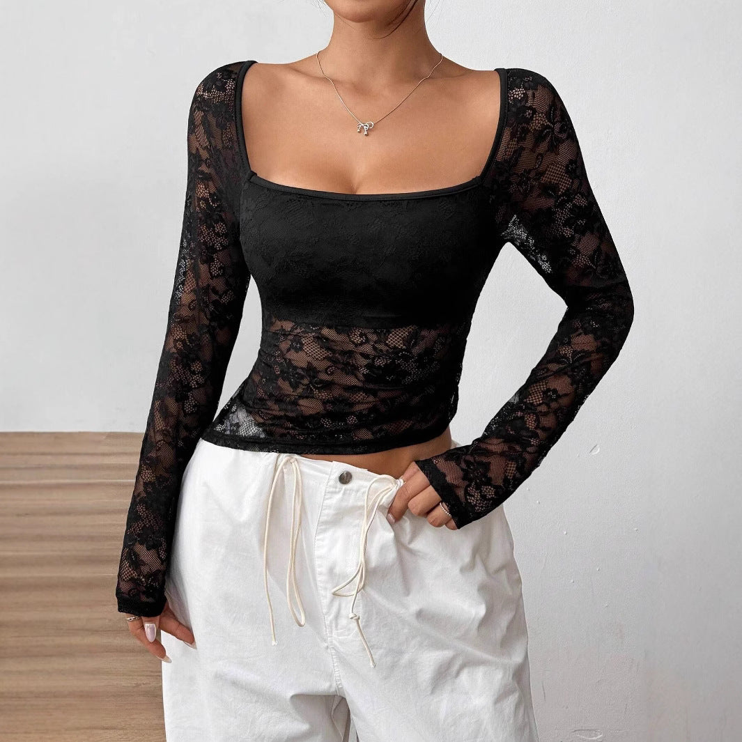 Damen Transparente Spitzenbluse mit langen Ärmeln und elegantem Ausschnitt EB