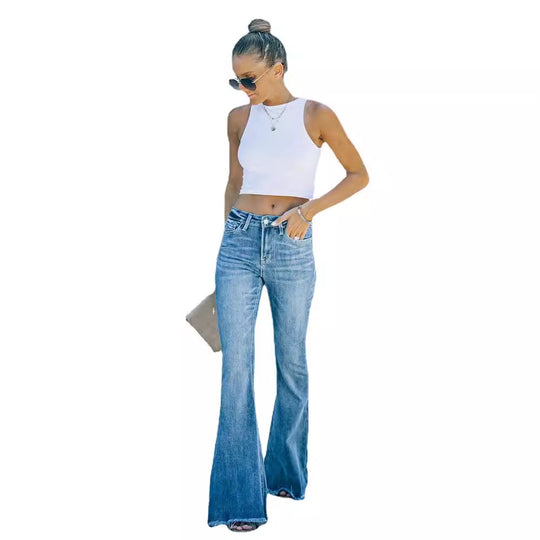 Damen Flared Jeans im lässigen Vintage-Stil mit hohem Bund und fransigem Saum EB