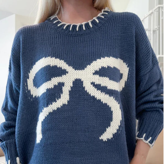 Damen Grob gestrickter Pullover mit dekorativem Schleifenmuster und kontrastierenden Abschlüssen EB