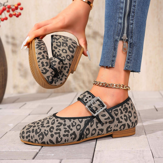 Damen Mary Jane Ballerinas mit modischem Leopardenmuster und bequemer Schnalle EB