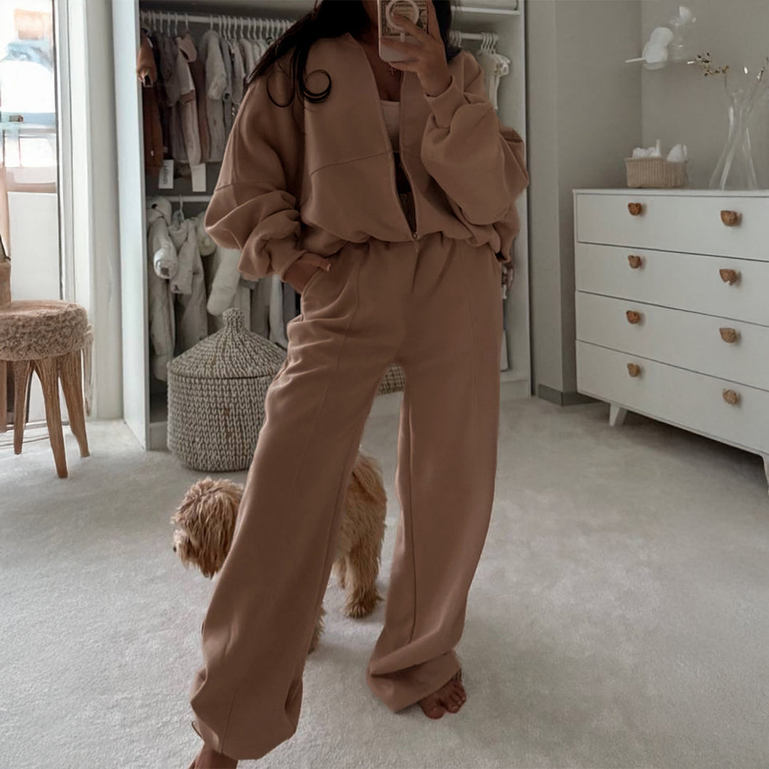 Damen nan Oversize-Zipjacke und hochgeschnittene Palazzohose aus weichem French-Terry EB