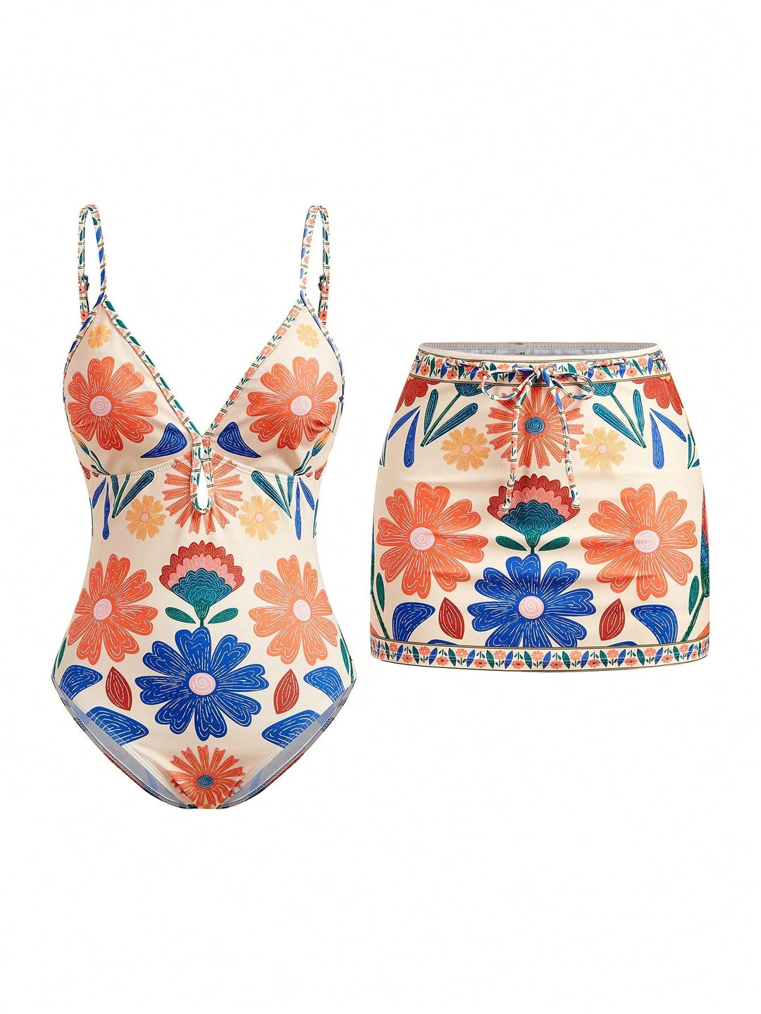 Damen Blumenmuster Badeanzug mit passendem Rock EB