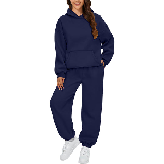 Damen nan gemütliches French-Terry Loungewear-Set mit doppellagiger Kapuze, Kängurutasche und elastischem Knöchel-Jogger EB