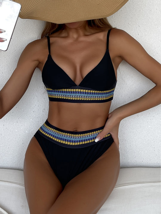 Damen Hochtaillierter Bikini mit buntem Jacquard-Bund EB